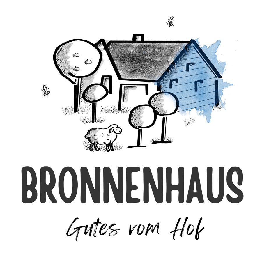 Bronnenhaus – Gutes vom Hof: gezeichnete Hofszene mit Haus, blauer Scheune, Obstbäumen und Schaf